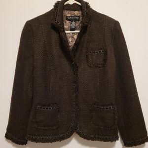 Dialogue Brown Tweed Jacket|Fringed Trim Boho Chic|Career Blazer